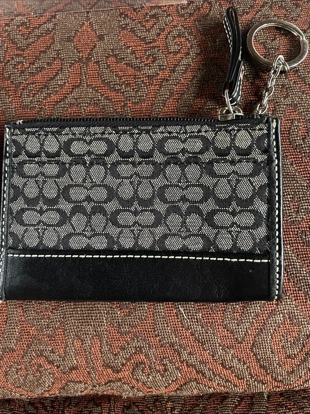 Coach Black Signature Canvas Zip Card Case with Leather Trim